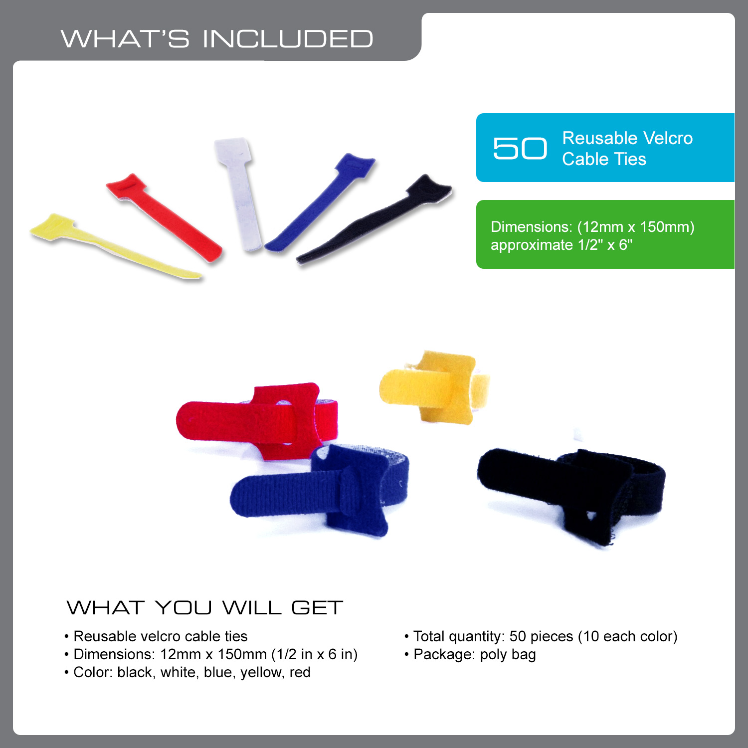 QualGear VT1-MC-50-P Self-Gripping cable ties, 1/2 x 6 Inches, Assorted, 50 Ties in Poly Bag Style.