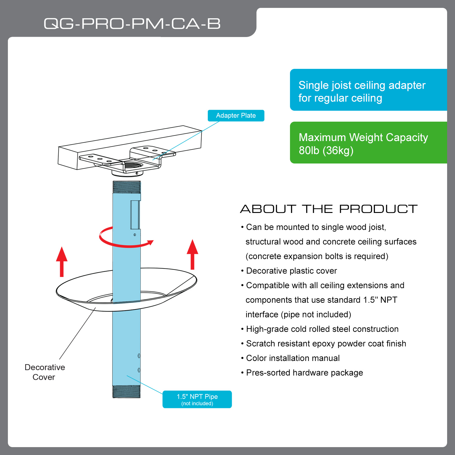 QualGear QG-PRO-PM-CA-B Pro-AV Single Joist Ceiling Adapter for 1.5 Inch Npt Threaded Pipe Projector Accessory