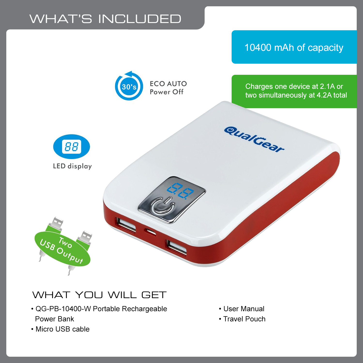 QualGear QG-PB-10400-W Portable Power Bank with Samsung Lithium Ion Batteries for Smartphones and Tablets - Retail Packaging - White