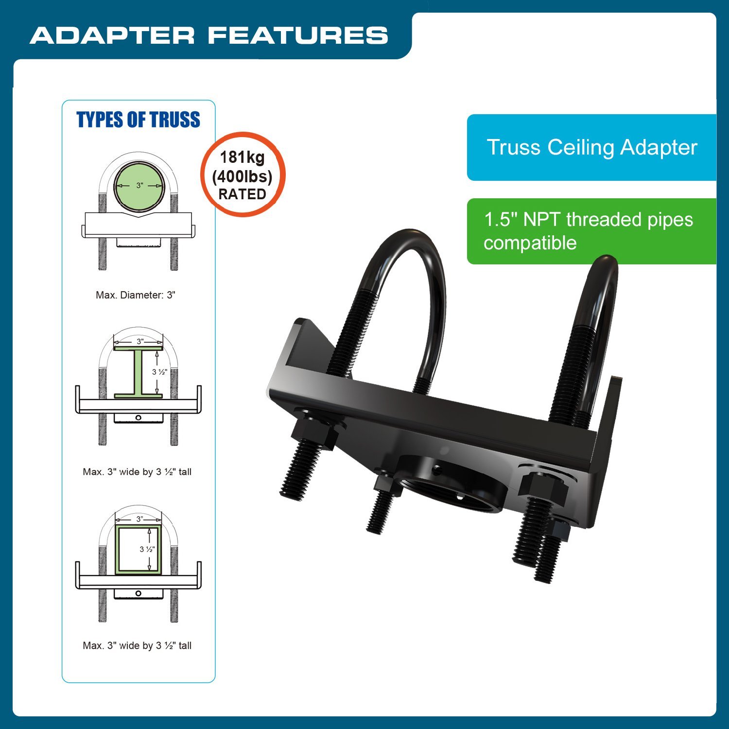 QualGear QG-PRO-PM-TCA-B Pro-AV Truss Ceiling Adapter for 1.5 Inch Npt Threaded Pipe Projector Accessory