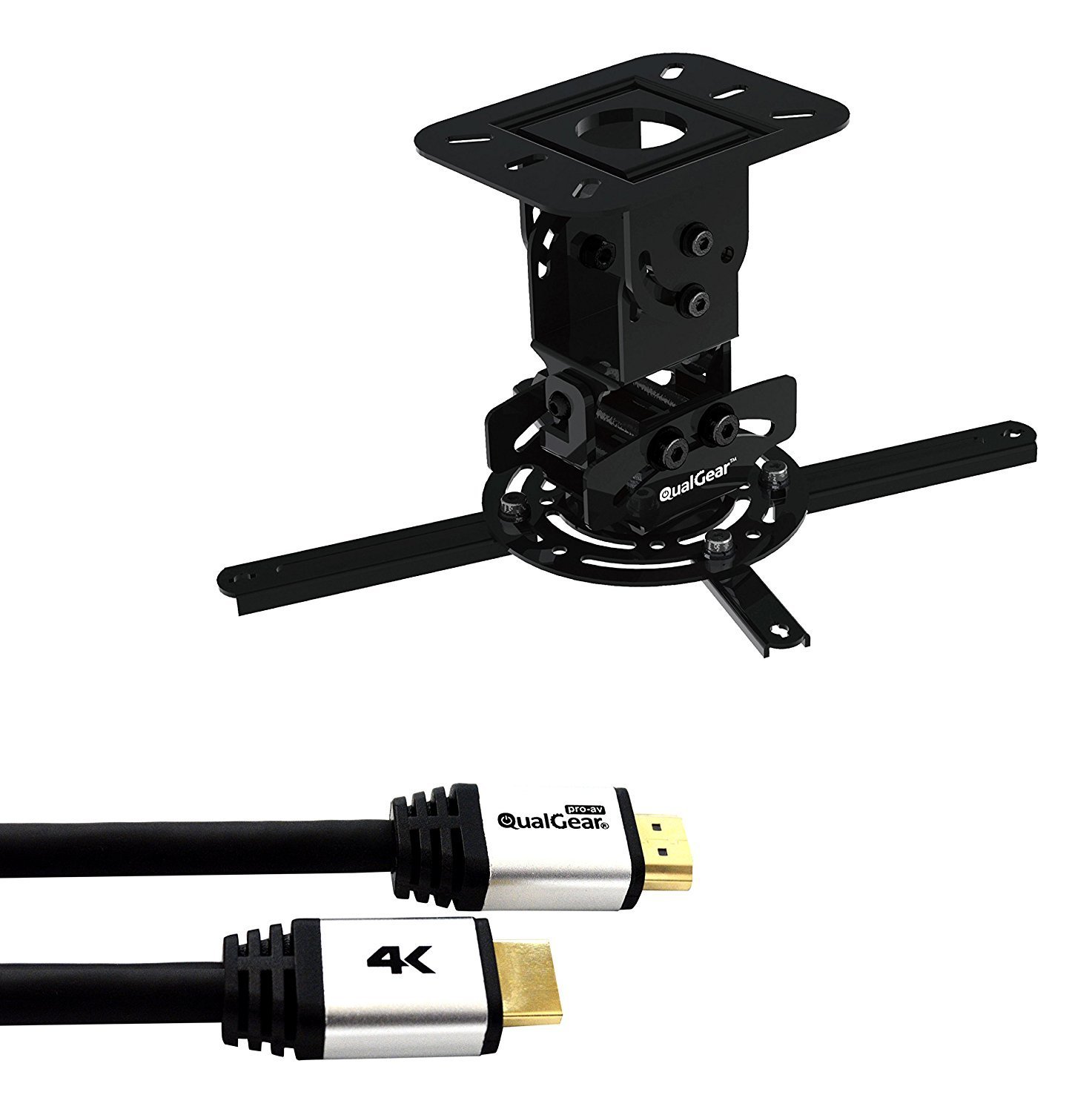 QualGear PRB-717-BLK-25FT Projector Ceiling Mount Bundle with HDMI Type A Male to Type A Male Cable, 25' Black