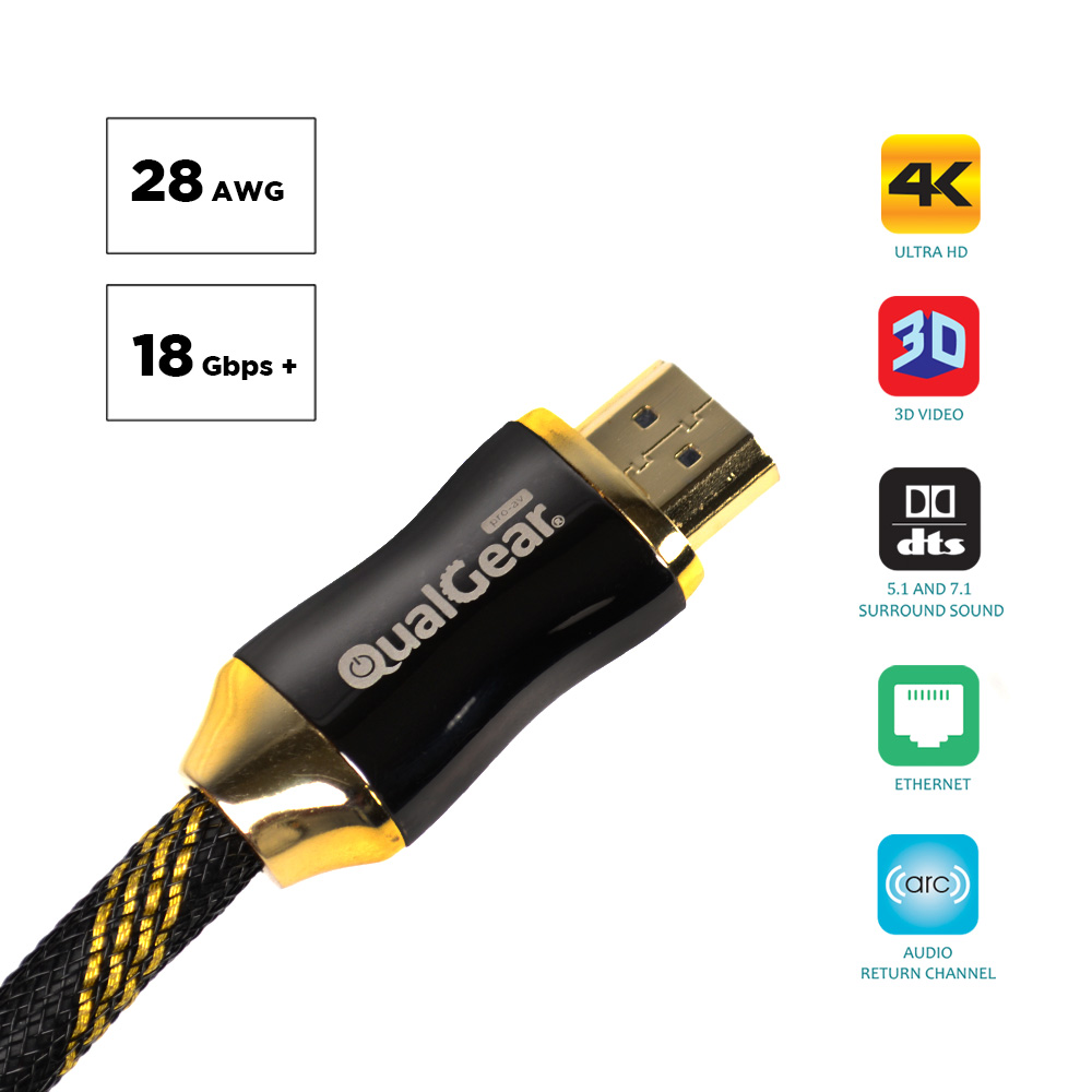 QualGear 3 Feet High Speed HDMI Premium Certified 2.0b cable with 24K Gold Plated Contacts, Supports 4K Ultra HD, 3D, 18Gbps, Audio Return Channel,100% OFC Copper, Ethernet (QG-PCBL-HD20-3FT)