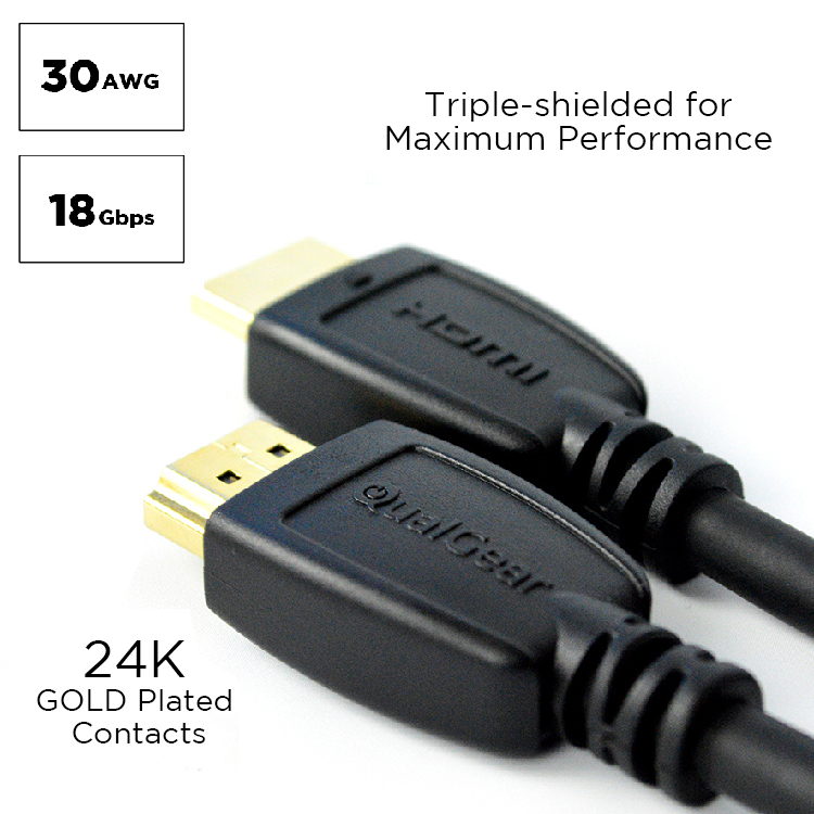 Qualgear 10 Feet-2 Pack HDMI 2.0 cable with 24k Gold Plated Contacts, Supports 4k Ultra HD, 3D, Upto 18Gbps, Ethernet, 100% OFC  (QG-CBL-HD20-10FT-2PK)