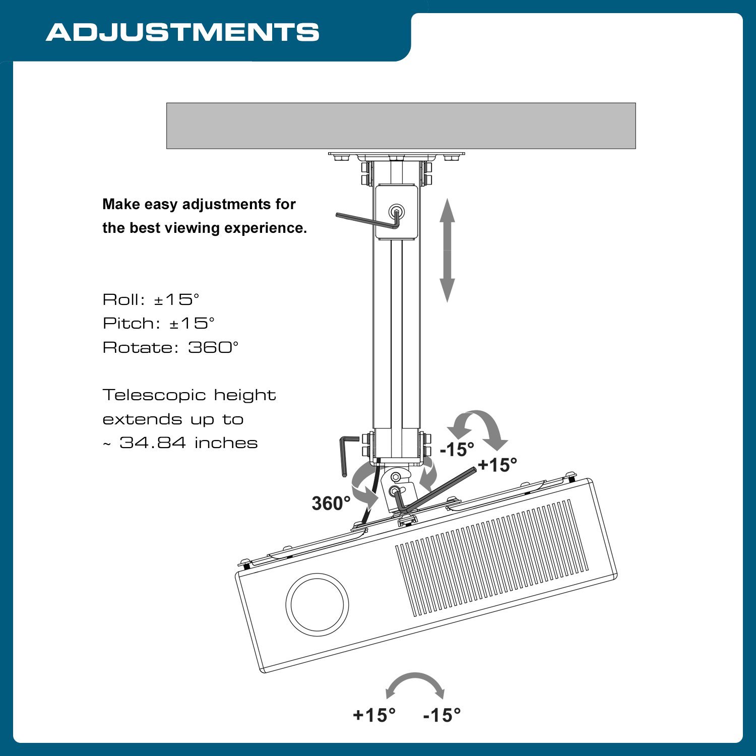 QualGear QG-PM-002-BLK-L Universal Projector Ceiling Mount, Long, Black