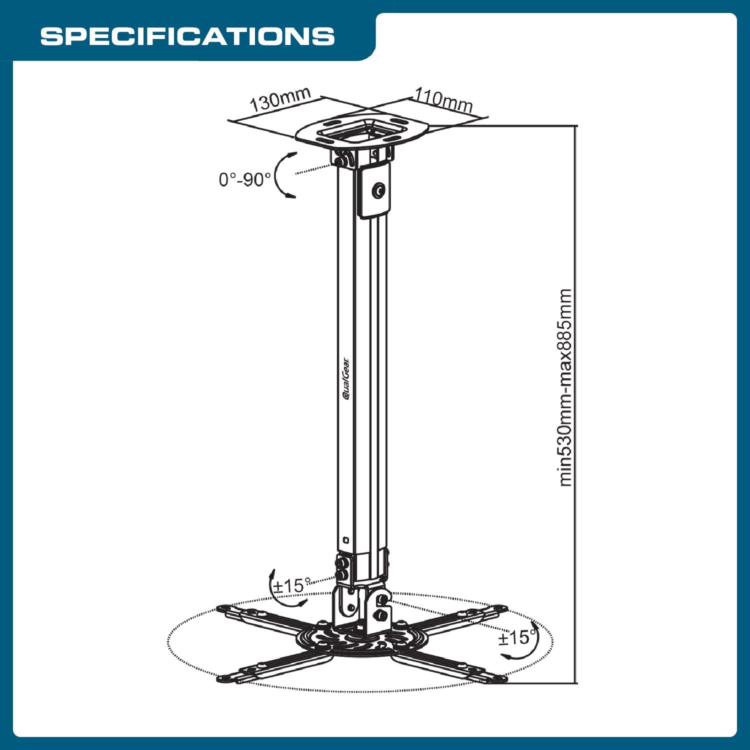 QualGear QG-PM-002-BLK-L Universal Projector Ceiling Mount, Long, Black