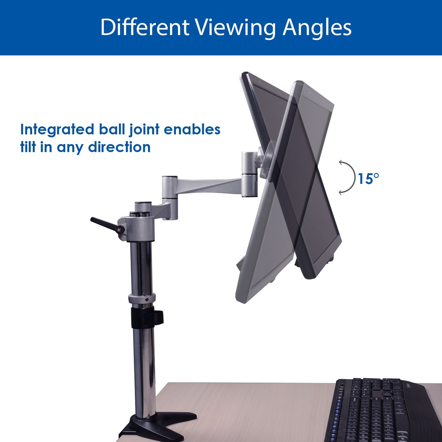 QualGear QG-DM-01-016 13-27 Inch 3-Way Articulating Single Monitor Desk Mount, Silver