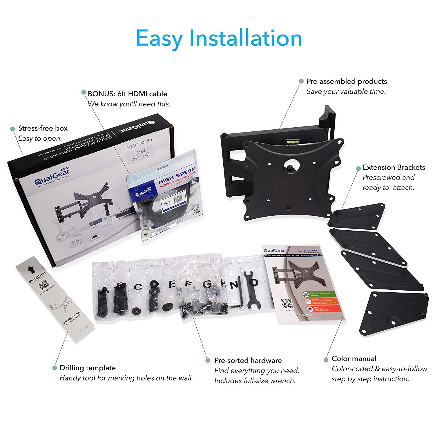 QualGear QG-TM-021-BLK Universal Ultra Slim Low Profile Articulating TV Wall Mount Kit for most 23-inch to 47-inch and some 55-inch LED TVs, w/ HDMI v2.0 Cable 6 ft