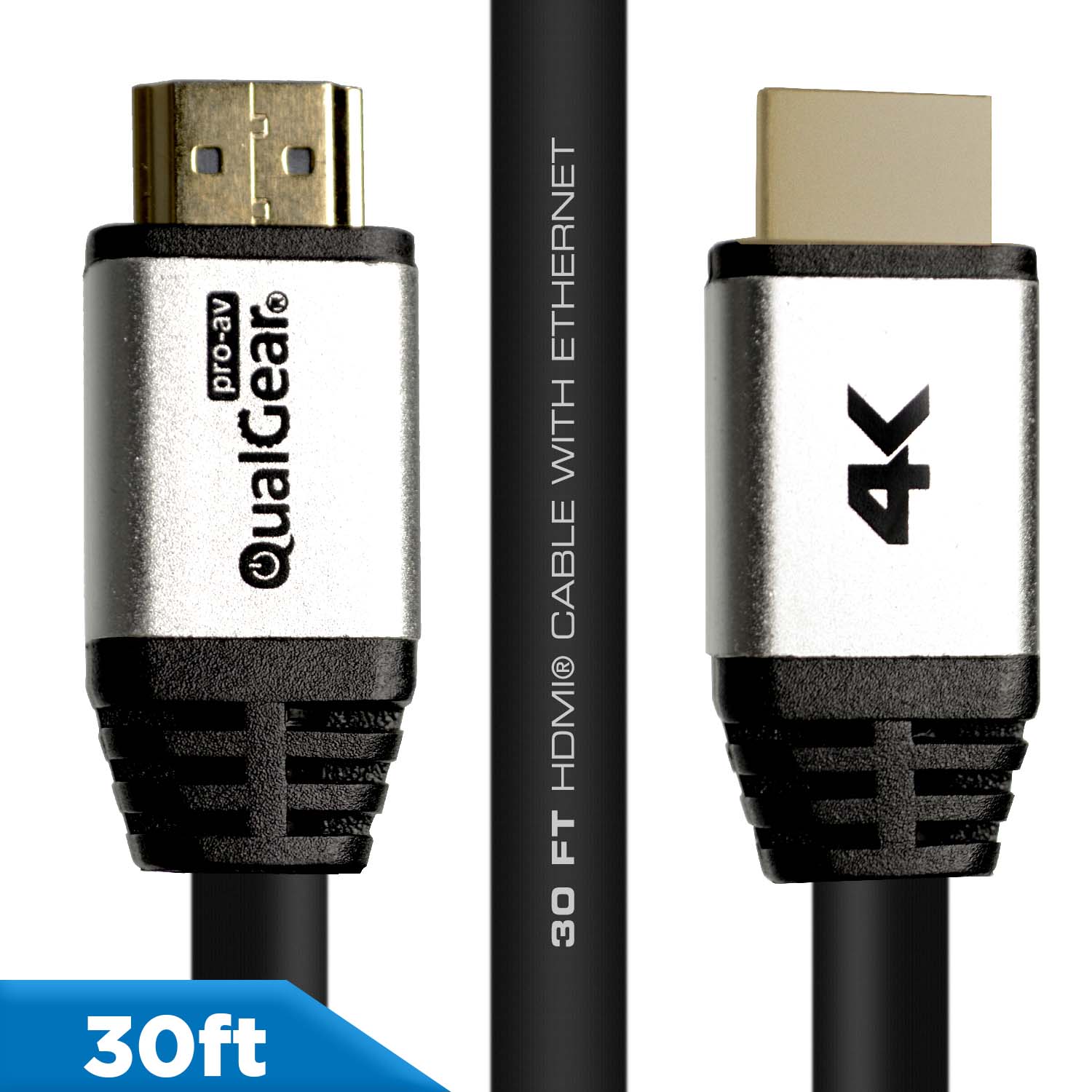 QualGear 30 Ft High-Speed Long HDMI 2.0 Cable with 24K Gold Plated Contacts, Supports 4K Ultra HD, 3D, 18 Gbps, Audio Return Channel,CL3 Rated for In-Wall Use (QG-CBL-HD20-30FT)