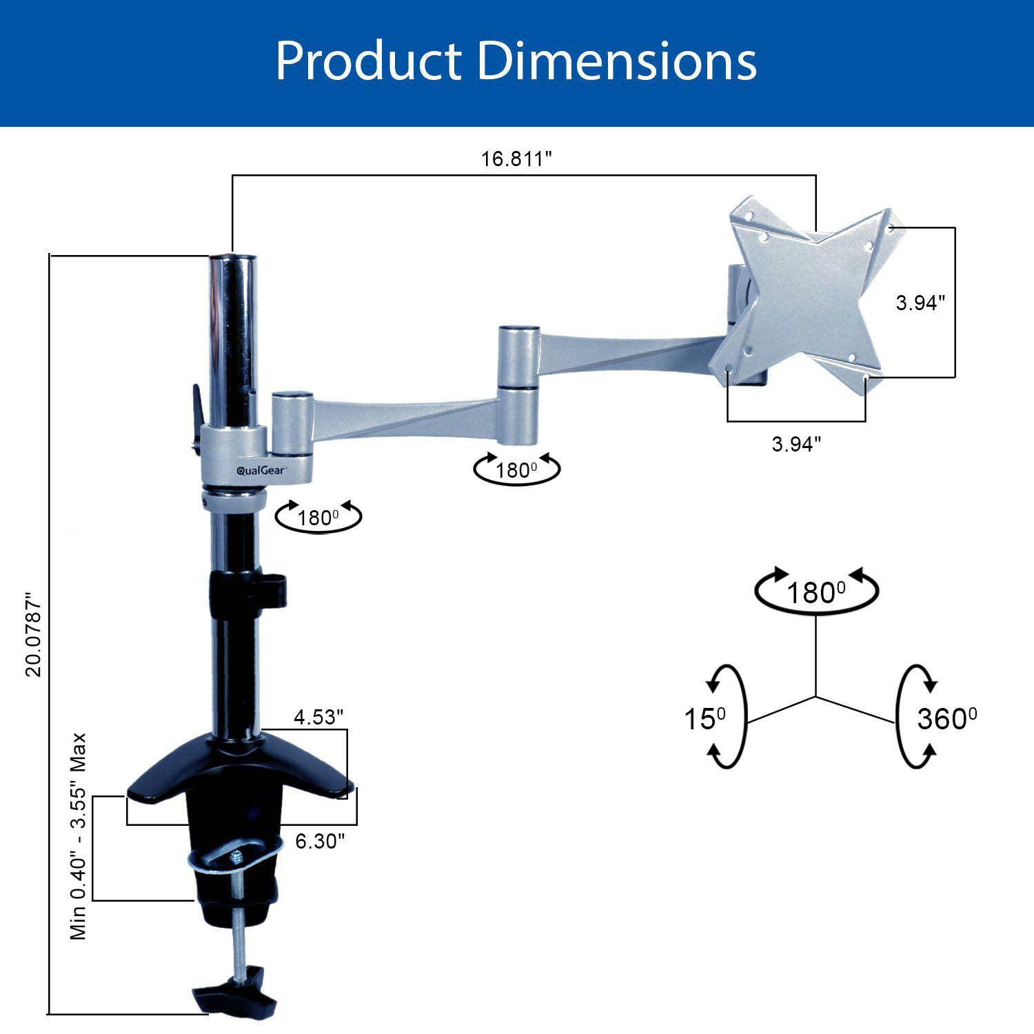 QualGear QG-DM-01-016 13-27 Inch 3-Way Articulating Single Monitor Desk Mount, Silver