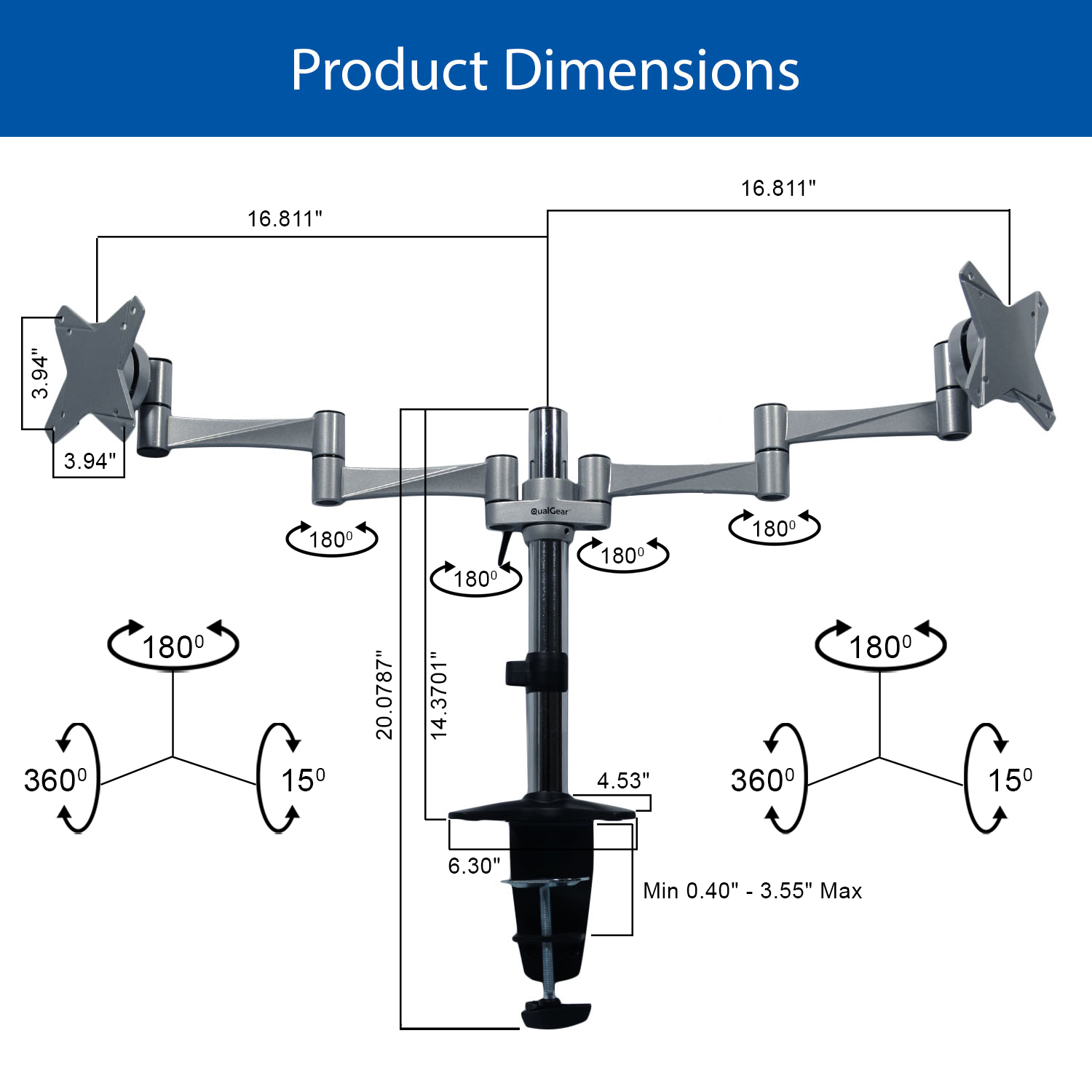 QualGear QG-DM-02-016 3 Way Articulating Dual Desk Mount for 13-27 Inches Flatpanel Monitors, Silver