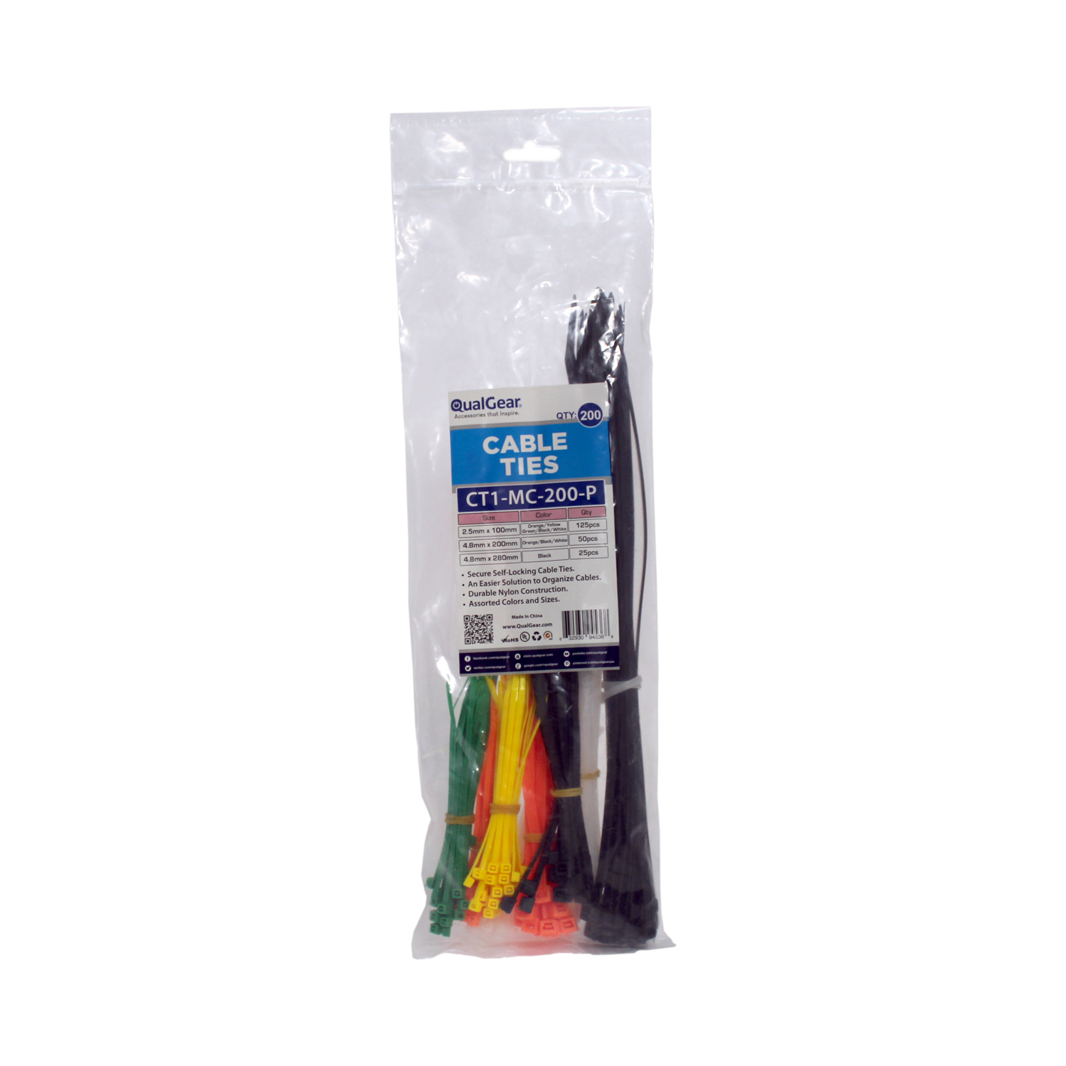 QualGear CT1-MC-200-P Assorted Self-Locking Cable Ties (Pack of 200)