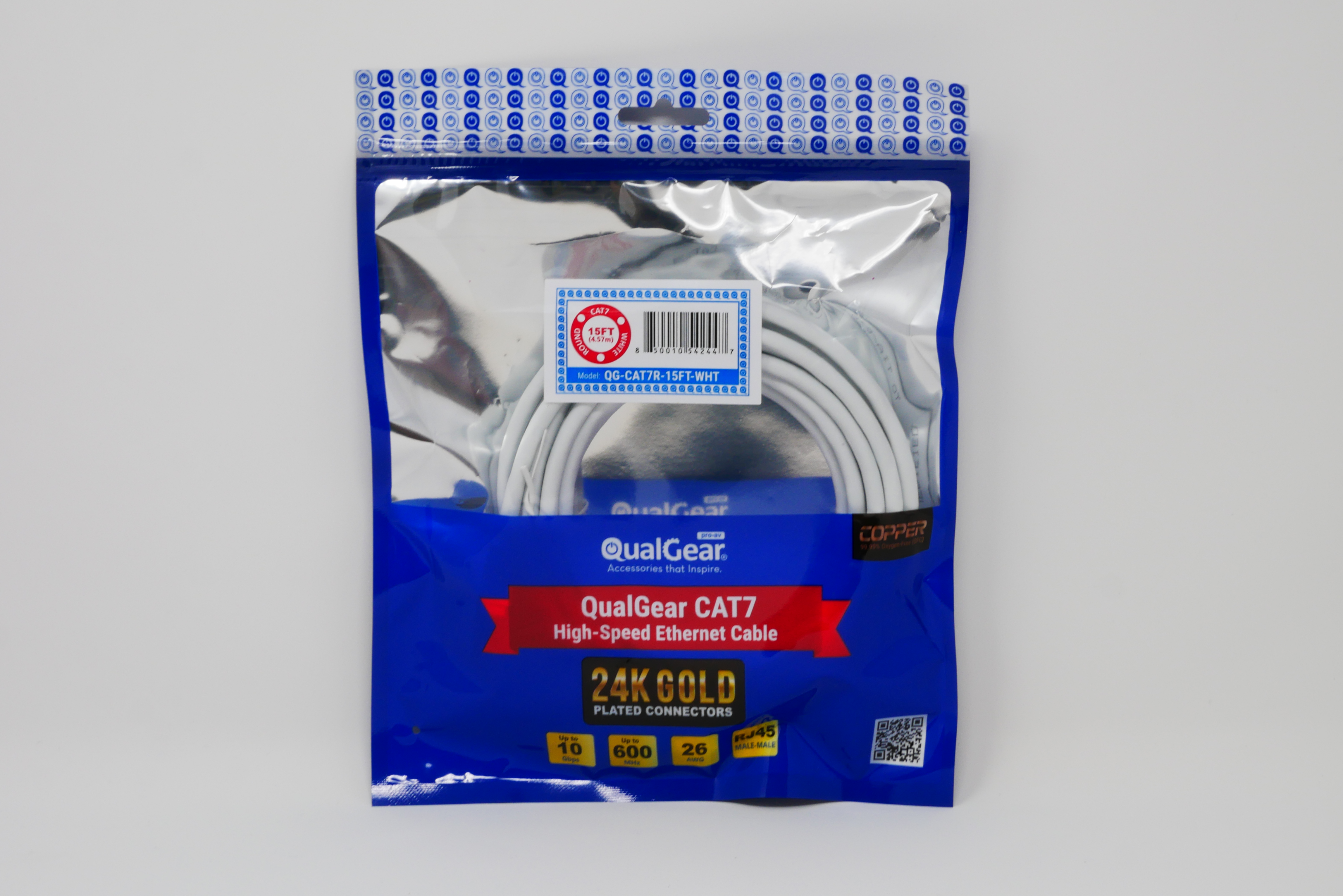 QualGear QG-CAT7R-15FT-WHT CAT 7 S/FTP Ethernet Cable Length 15 feet - 26 AWG, 10 Gbps, Gold Plated Contacts, RJ45, 99.99% OFC Copper, Color White 