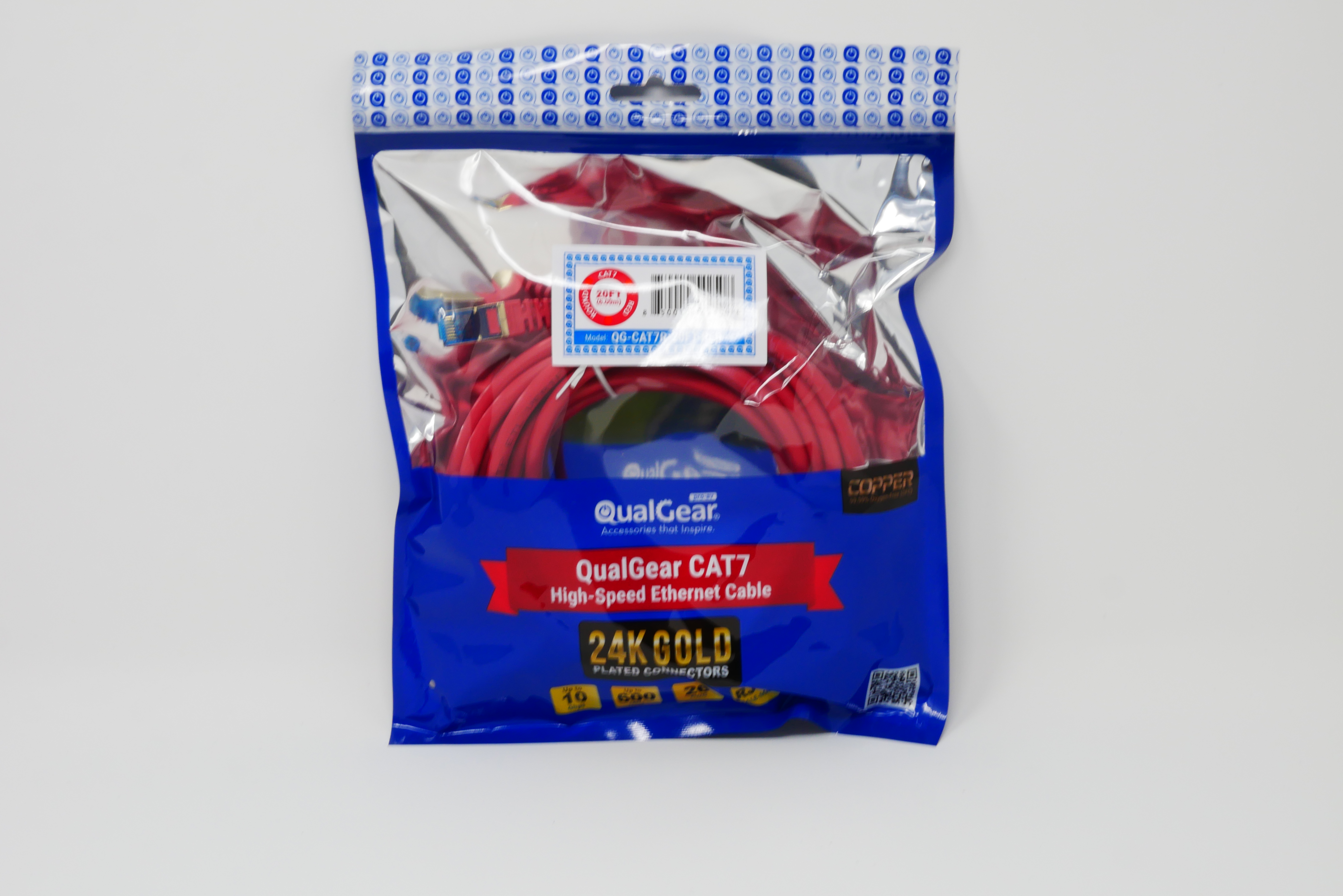 QualGear QG-CAT7R-20FT-RED CAT 7 S/FTP Ethernet Cable Length 20 feet - 26 AWG, 10 Gbps, Gold Plated Contacts, RJ45, 99.99% OFC Copper, Color Red 
