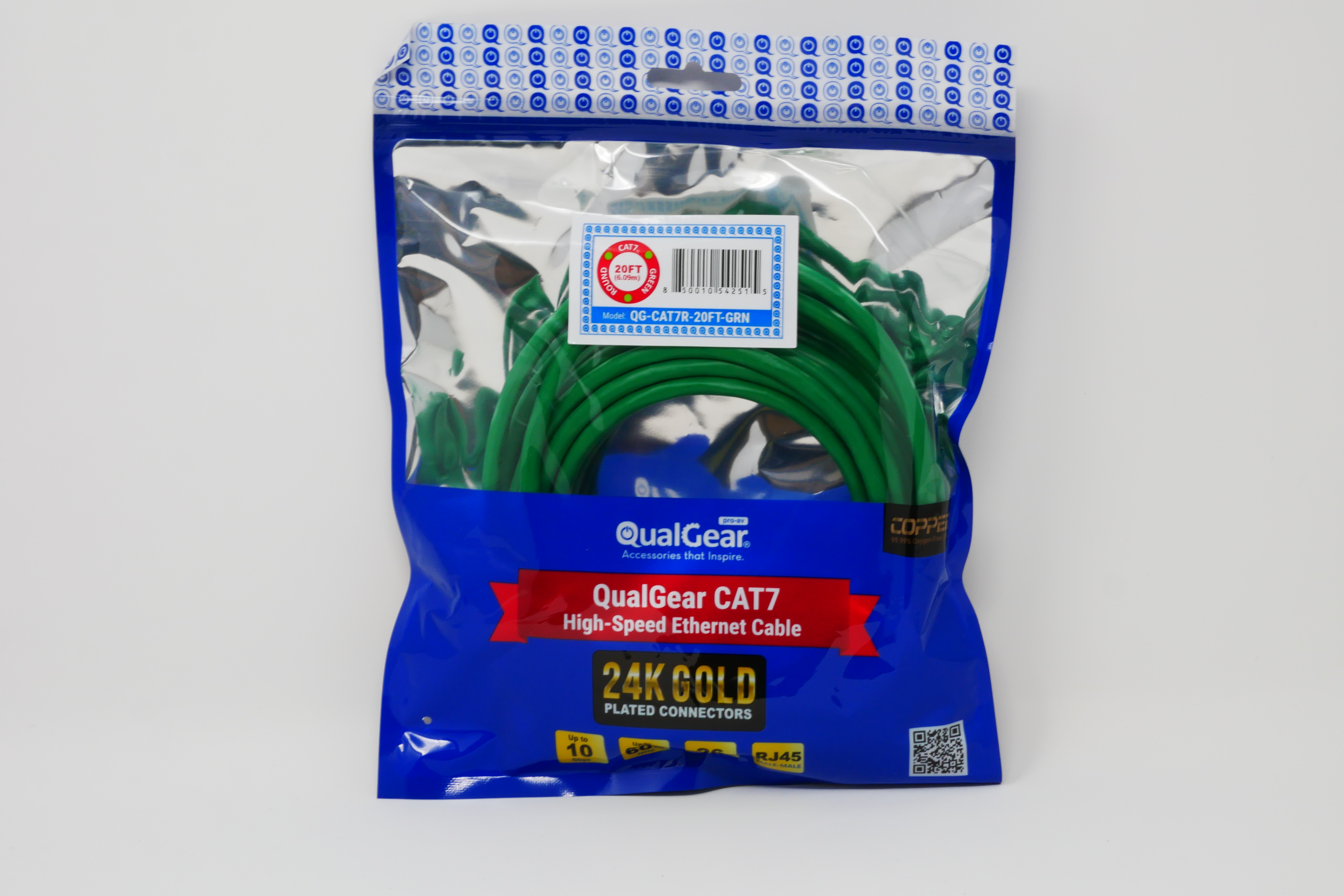 QualGear QG-CAT7R-20FT-GRN CAT 7 S/FTP Ethernet Cable Length 20 feet - 26 AWG, 10 Gbps, Gold Plated Contacts, RJ45, 99.99% OFC Copper, Color Green
