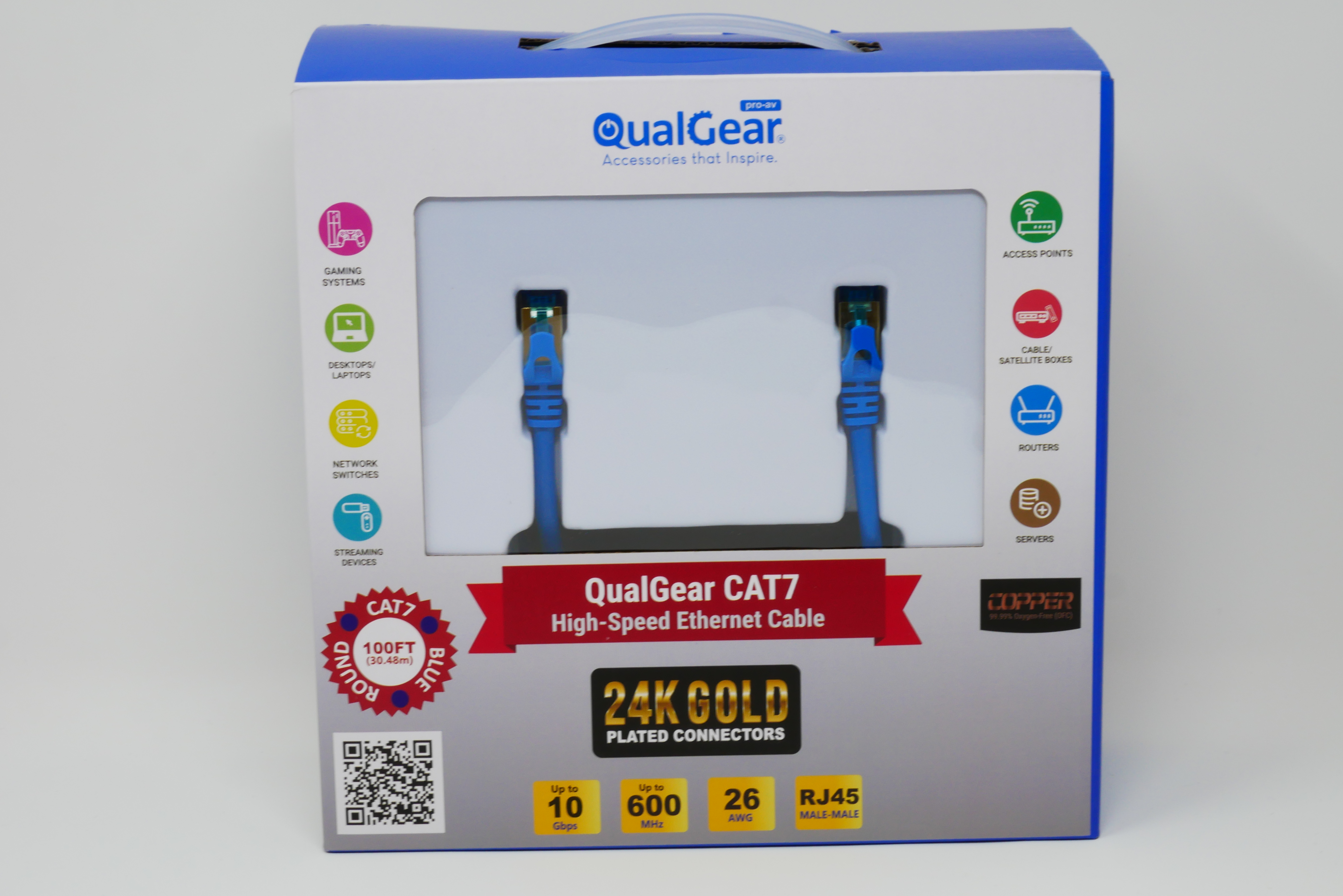 QualGear QG-CAT7R-100FT-BLU CAT 7 S/FTP Ethernet Cable Length 100 feet - 26 AWG, 10 Gbps, Gold Plated Contacts, RJ45, 99.99% OFC Copper, Color Blue 