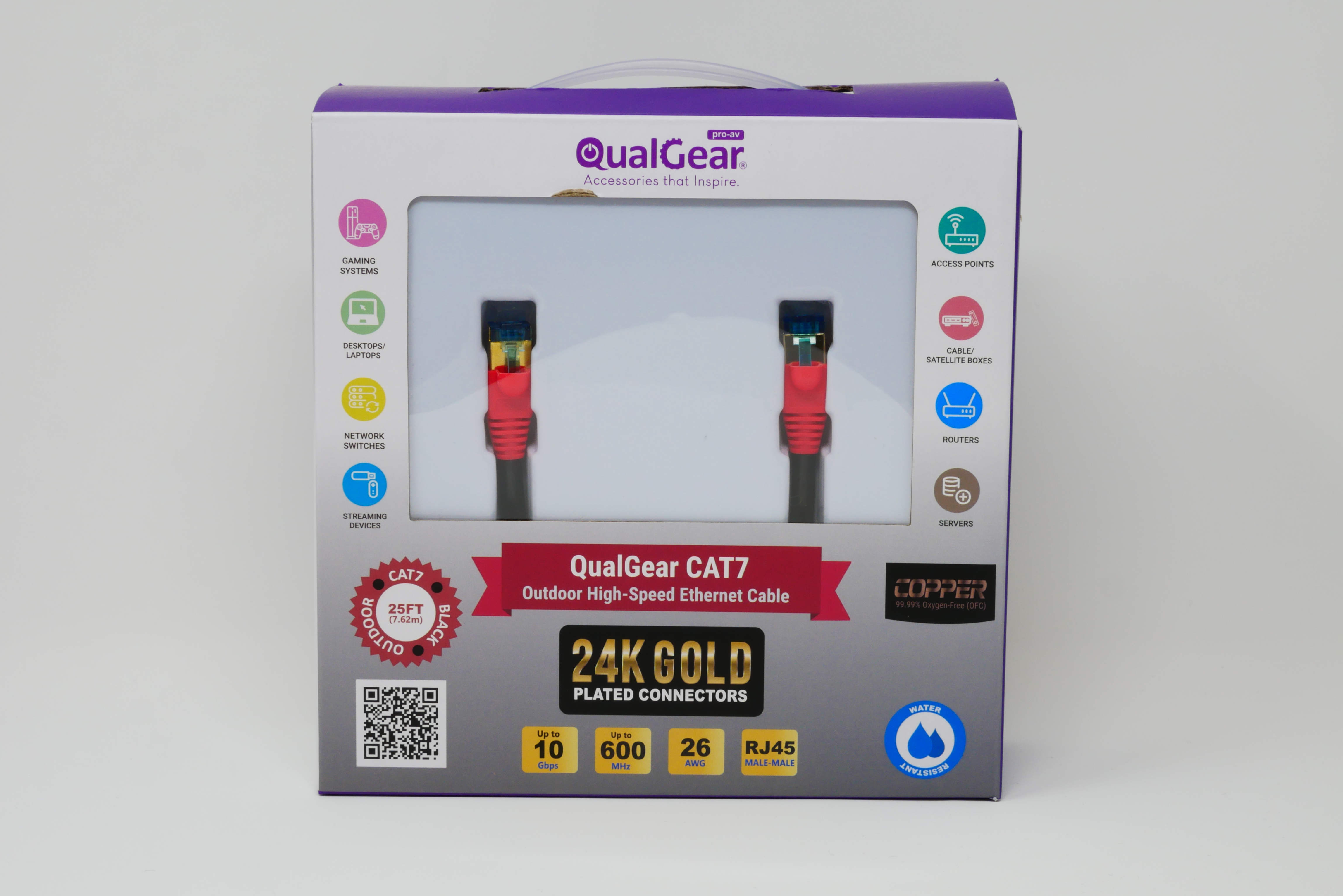 QualGear QG-CAT7O-25FT-BLK CAT 7 S/FTP Ethernet Cable Length 25 feet - 26 AWG, 10 Gbps, Gold Plated Contacts, RJ45, 99.99% OFC Copper, Color Black 