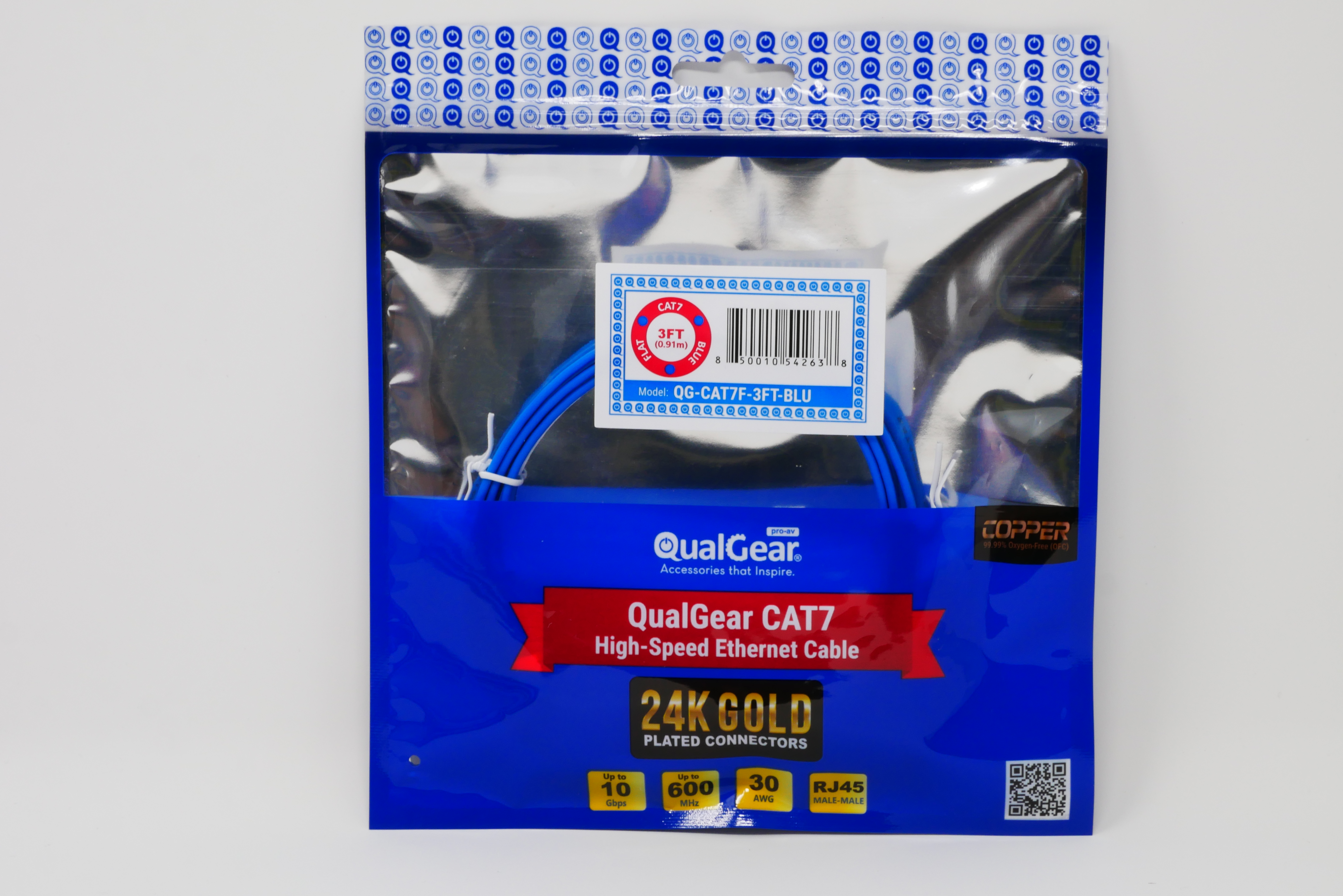 QualGear QG-CAT7F-3FT-BLU CAT 7 S/FTP Ethernet Cable Length 3 feet - 26 AWG, 10 Gbps, Gold Plated Contacts, RJ45, 99.99% OFC Copper, Color Blue  
