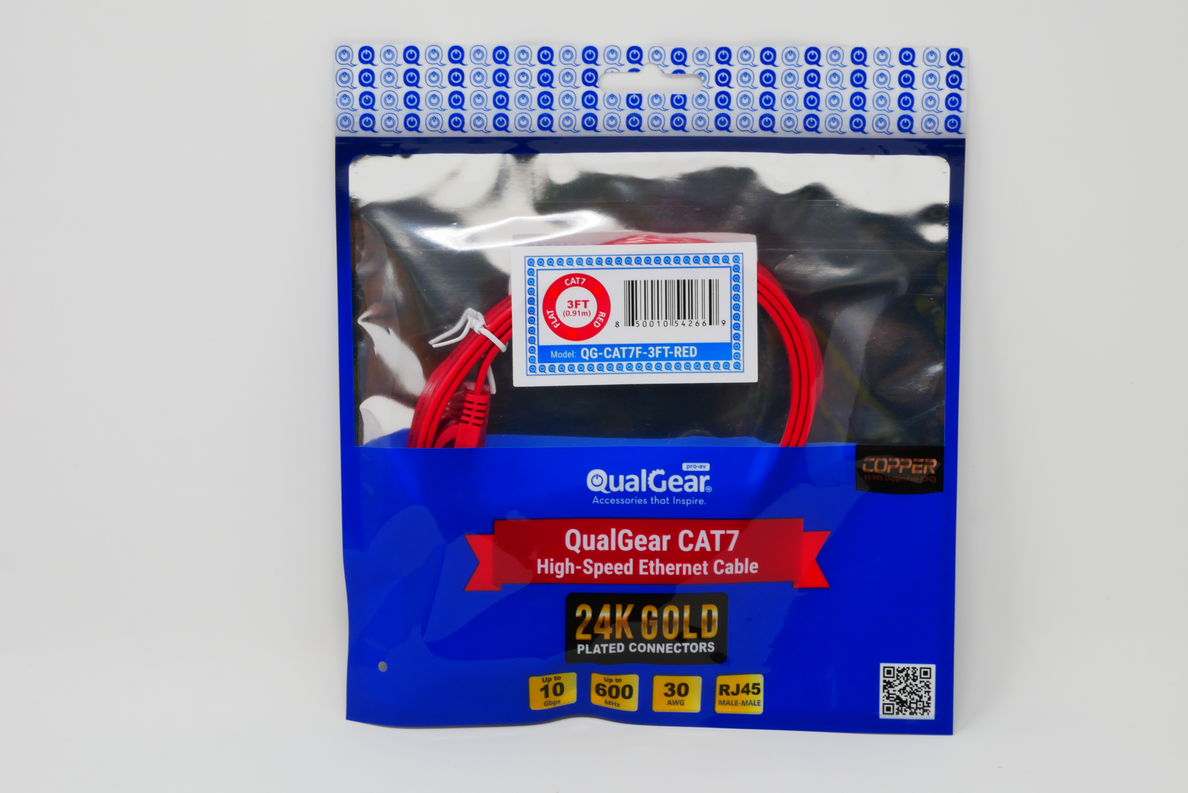 QualGear QG-CAT7F-3FT-RED CAT 7 S/FTP Ethernet Cable Length 3 feet - 26 AWG, 10 Gbps, Gold Plated Contacts, RJ45, 99.99% OFC Copper, Color Red 