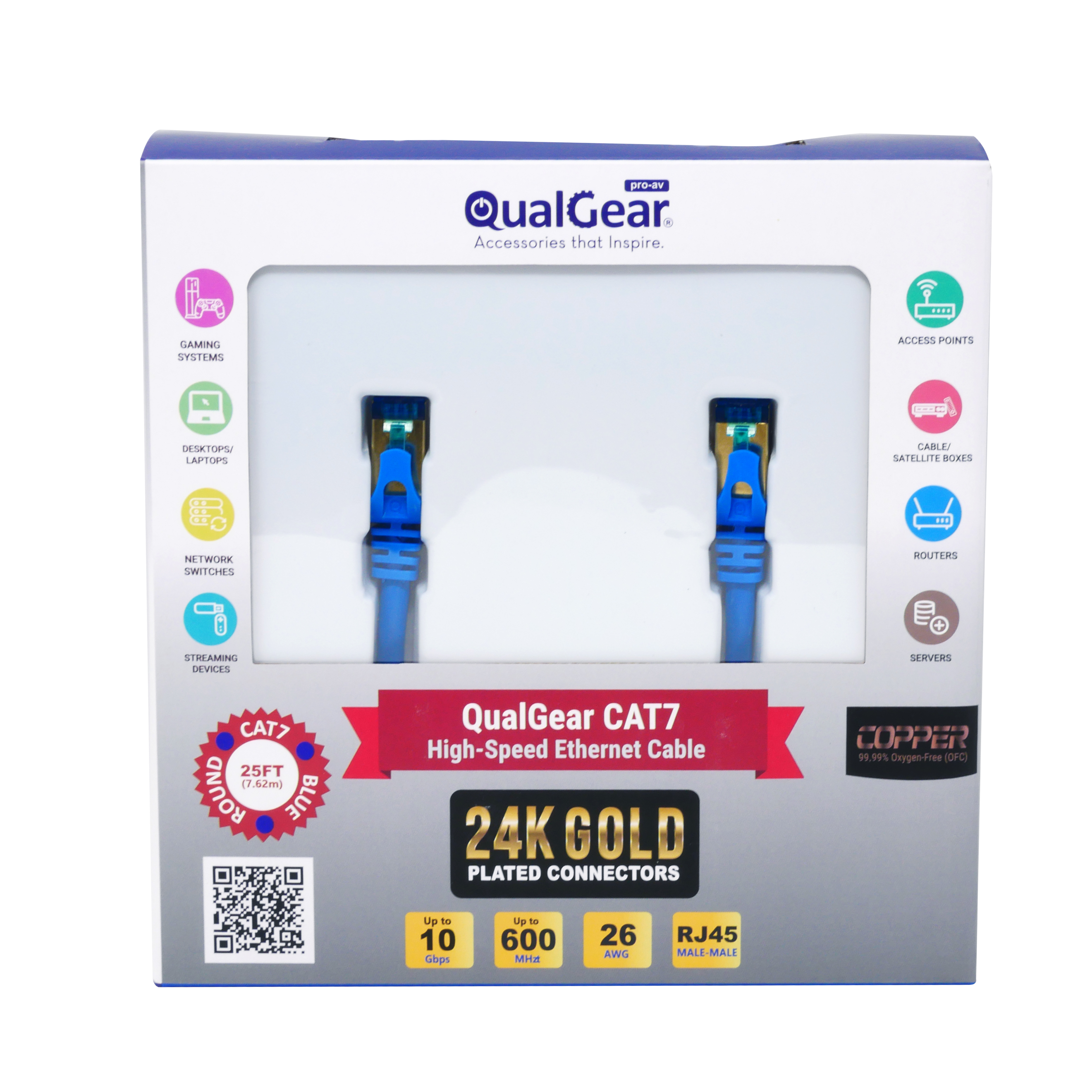 QualGear QG-CAT7R-25FT-BLU CAT 7 S/FTP Ethernet Cable Length 25 feet - 26 AWG, 10 Gbps, Gold Plated Contacts, RJ45, 99.99% OFC Copper, Color Blue 