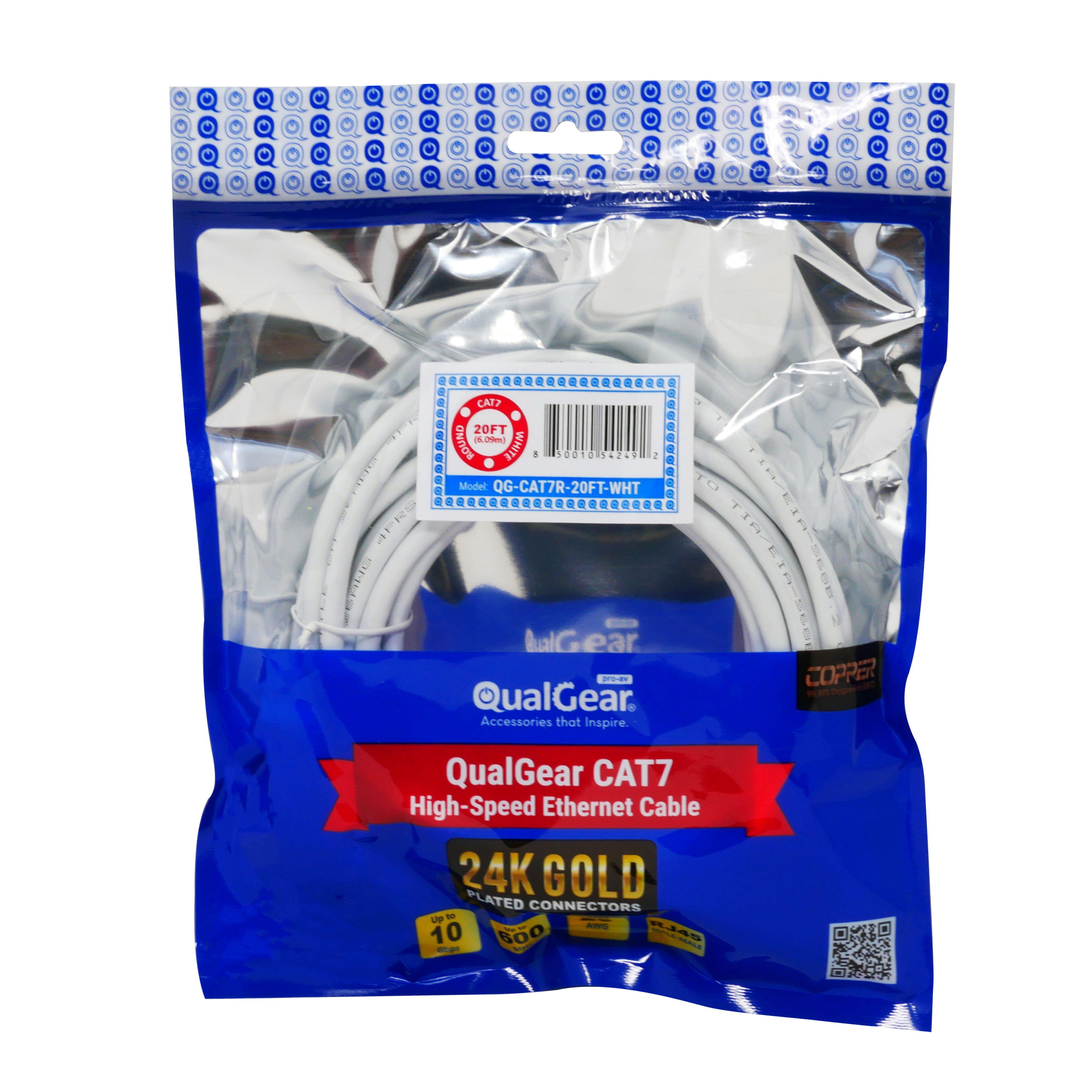 QualGear QG-CAT7R-20FT-WHT CAT 7 S/FTP Ethernet Cable Length 20 feet - 26 AWG, 10 Gbps, Gold Plated Contacts, RJ45, 99.99% OFC Copper, Color White 