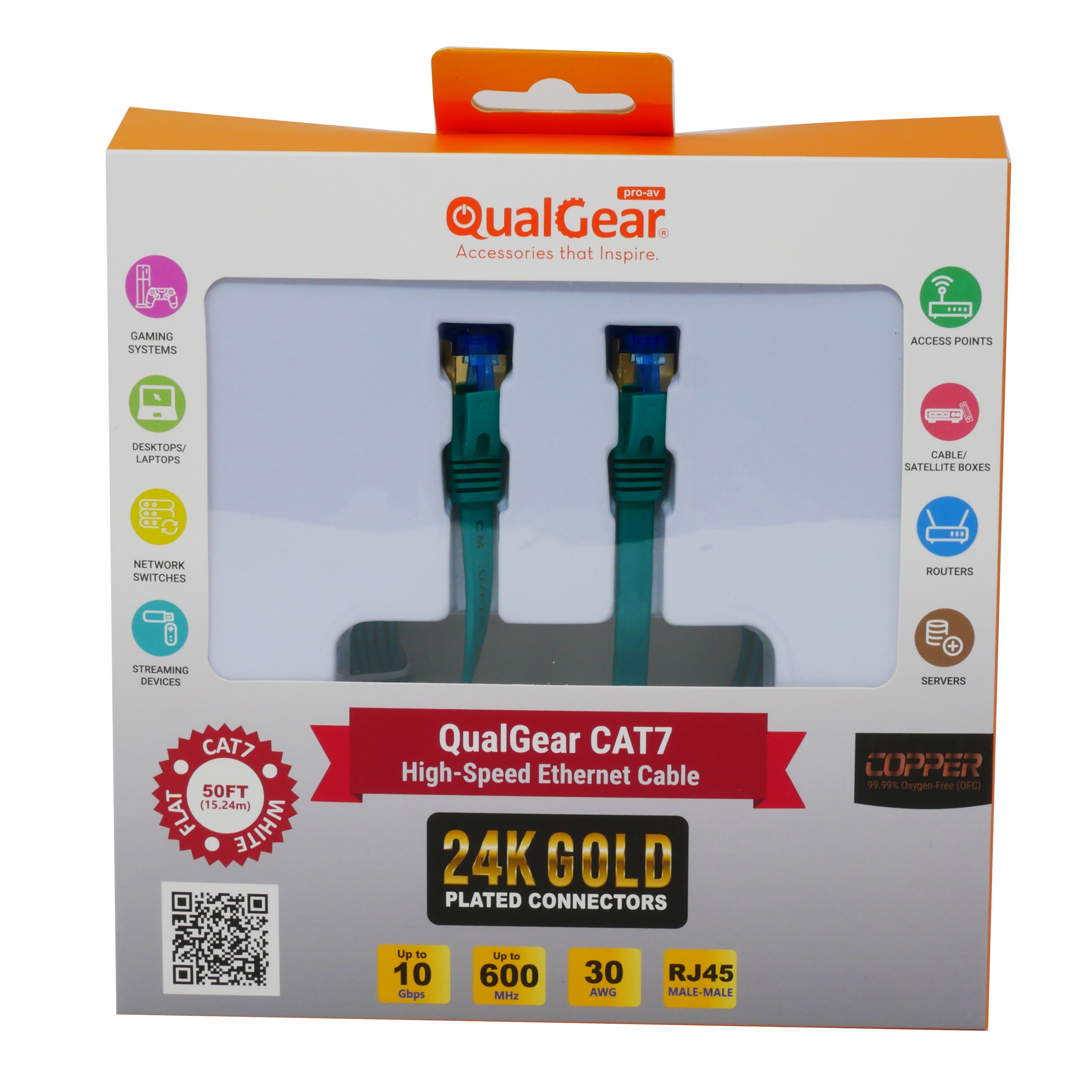 QualGear QG-CAT7F-50FT-GRN CAT 7 S/FTP Ethernet Cable Length 50 feet - 26 AWG, 10 Gbps, Gold Plated Contacts, RJ45, 99.99% OFC Copper, Color Green